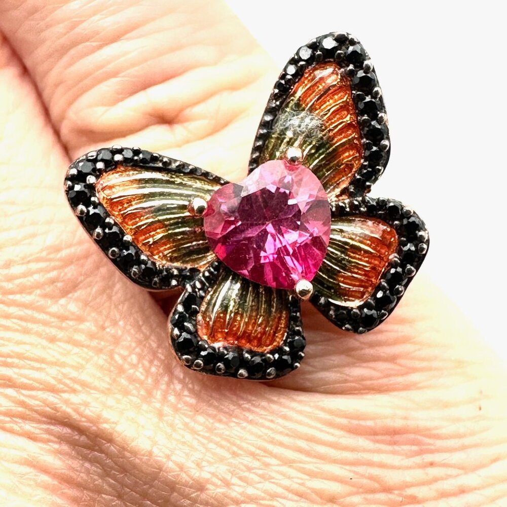 Multi Gemstone Butterfly Rose Gold Over Sterling Silver Ring Size 6